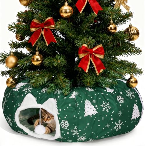 Cat Tunnel Bed Under Christmas Tree, Cat Tunnel Christmas Tree Skirt for Indoor Cats, Donut Tunnel Toys for Multiple & Large Carts, for Kitten, Rabbit, Puppy, Green Snowflake by LVUVXVAV