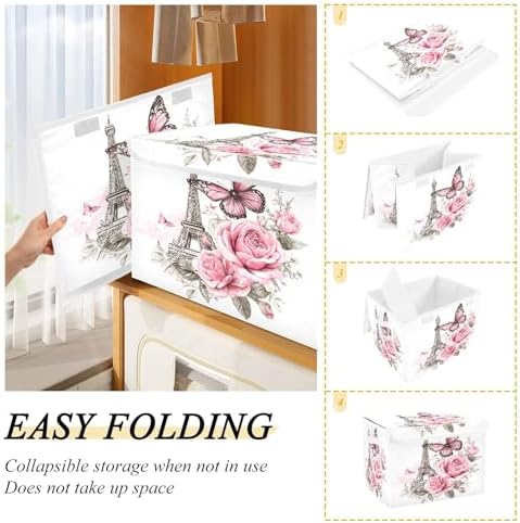 Bolaz Bow Flower Eiffel Tower Storage Bins with Lids and Handles, Foldable Storage Box Storage Basket with Cover Collapsible Organizer Containers for Home Closet, Shelves - Image 4