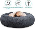 SAVFOX 30 inches Calming Donut Dog Bed - 3X Durable Plush Faux Fur, Machine Washable & Non-Slip, Fits up to 45 lbs, Dark Grey