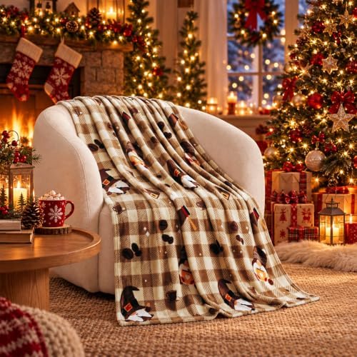 Gnome Coffee Throw Fleece Blanket,Checkered Theme Flannel Blankets,50"x60" by CozyBlankets