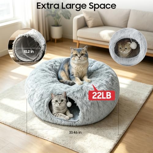 Cat Tunnel Bed for Indoor Cats, Peekaboo Cat Cave Donut Bed & Play Tunnel - Image 4