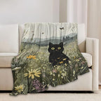 Black Cat Blanket Floral Wildflower Kitten Throw Blankets Gifts for Girls Boys Kids Cat Lover Soft Cozy Fleece Plush for Couch Sofa Bed 80"x60" - Image 3