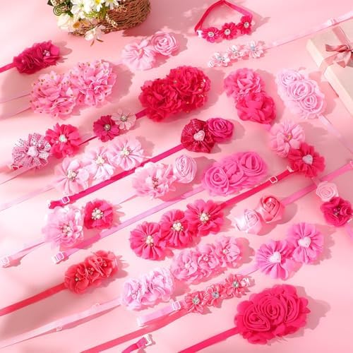 50 Pcs Flower Dog Bows Pink Collar Puppy Bows, Pink and Rose Red - Image 6