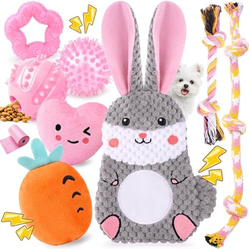 Zeaxuie Pink Puppy Toys for Teething - 9 Pack Small Dog Set With Chew, Squeaky Crinkle, Treat Ball and Interactive Rope for Puppies by Zeaxuie
