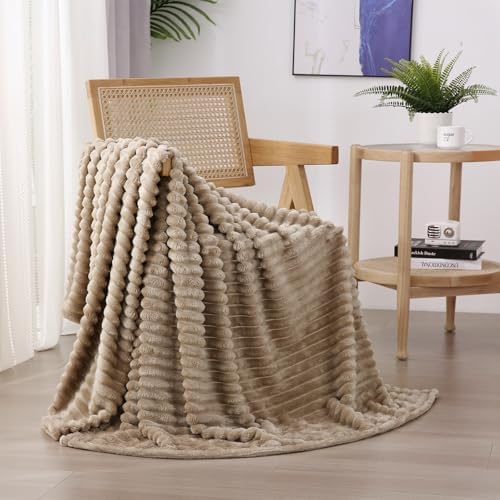 Tan Fleece Throw Blanket 50”×60” for Couch Sofa Livingroom by linecooo