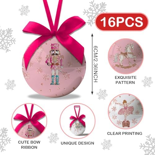 Nutcracker Christmas Decor - Nutcracker Ornaments Hanging Balls Pink and White Christmas Tree Decorations, Cute Decorations Ball 2.36 Inch for Xmas Tree Party Home Holiday，Xmas Gifts Set of 16Pcs - Image 2