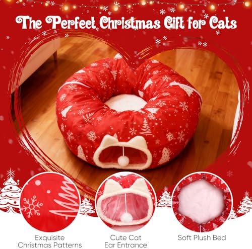 Cat Tunnel Bed Under Christmas Tree, Cat Tunnel Christmas Tree Skirt for Indoor Cats, Donut Tunnel Toys for Multiple & Large Carts, for Kitten, Rabbit, Puppy, Red Snowflake - Image 4