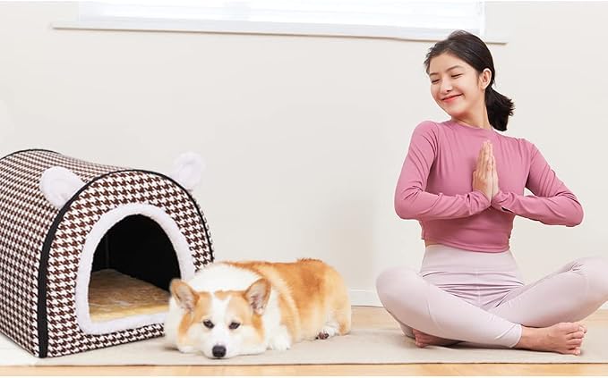Dog Bed or Cat Bed,2 Ways to Use,Indoor Pet House with Fluffy Mat,Removable and Washable Cover,Non-Slip Bottom,for Cats and Small Dogs(M Brown Cranes)