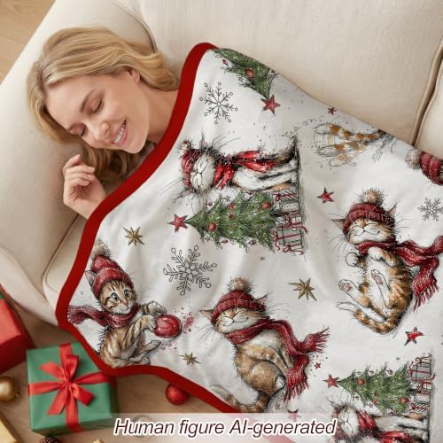 Christmas Fleece Blanket, Red Cat Christmas Trees Throw Blanket - Image 3