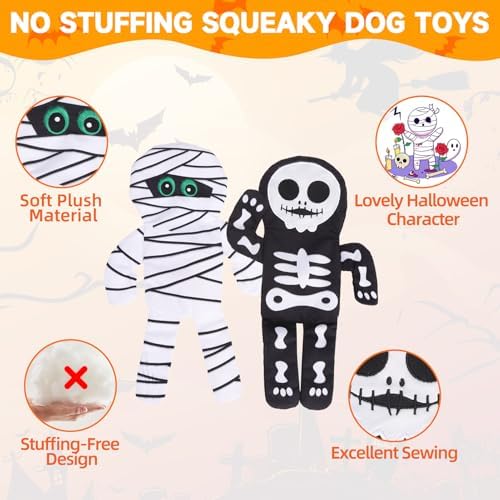 PAWCHIE Halloween Squeaky Dog Toys 2 Pcs for Small Medium Dogs,No Stuffing Crinkle Puppy Toy,Soft Pet Plush Teething Toys Mess-Free Interactive Chew Toy for Boredom Ideal, Skeleton & Mummy - Image 3