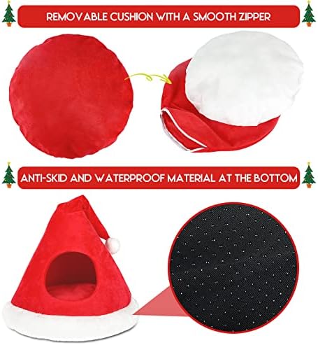 NIBESSER Cat Bed Christmas Hat Cat Tent House Self-Warming 2 in 1 Removable Comfortable Triangle Pet Teepee Xmas Dog Cave in Winter (Red) - Image 5