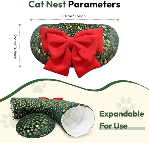 CHUN. F Comfort Green Cat Bed for Christmas Tree – Christmas Themed Cat Tube for Holiday Season –A Big Red Bow - Ultra-Soft Plush Velvet Cute Cat Bed - Image 2
