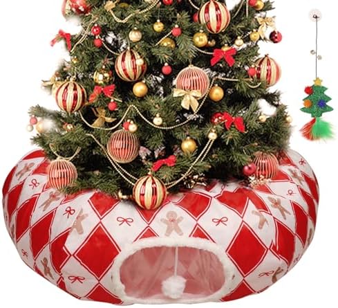 Plaid Cat Tunnel Christmas Tree Skirt, Multifunctional Christmas Tree Protector Cat Washable Indoor Cat Donut Cave Bed Kitty Hideout Tubes for Small Animal,32"×10" by Unknown