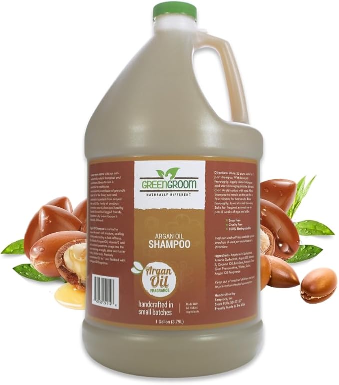 Green Groom Argan Oil Dog Shampoo for Dry Itchy Skin Relief, 1 Gallon 32:1 | Concentrate Makes 32 Gallons; Professional Groomer Grade, Restores Shine, Moisturizing Pet Grooming Wash, USA Made, Natural