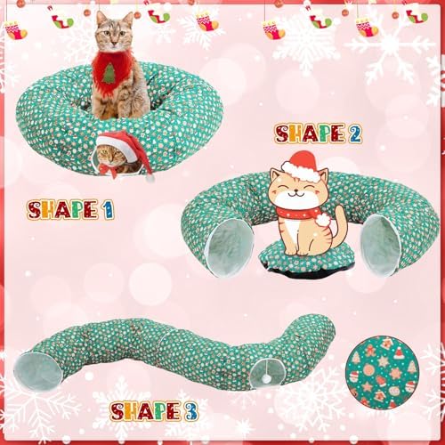Cat Tunnel Christmas Tree Skirt Cat Bed Indoor 3 ft x 3 ft x 10 Inch Kitten Donut Tunnel with Ball Peekaboo Cave Pet Bed Round Hideaway Holiday Cave Circle Pets Gift(Santa Hat) - Image 3