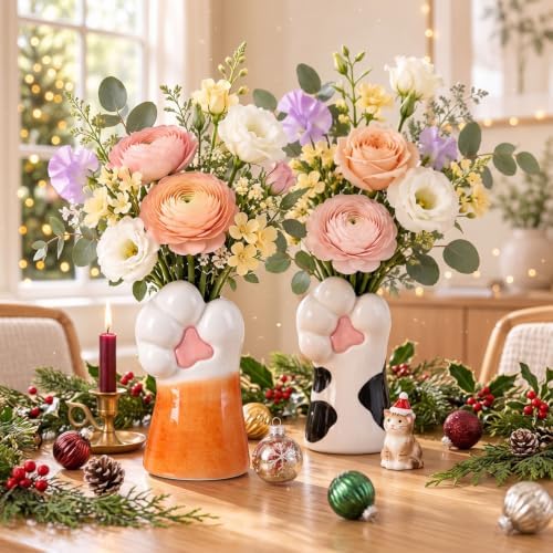Remerry 2 Pcs Ceramic Cat Paw Vase for for Cat Lovers, Christmas Home Decor - Image 3
