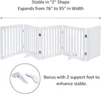 unipaws 24”H Free Standing Pet Gate for Dog Cat, 100”Wide Wooden Dog Gates | Foldable Pet Fence for Doorway, Stairs, Step, Expandable Doggy Barrier, Indoor Use, White
