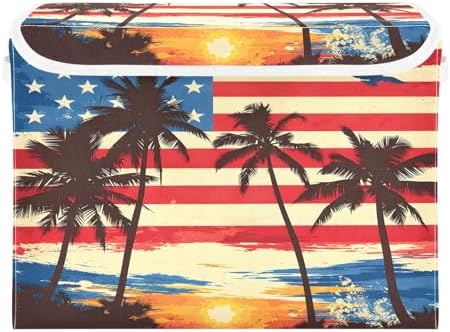 Bolaz American Flag Coconut Tree Storage Bins with Lids and Handles, Storage Box Basket with Cover Collapsible Organizer Containers for Home Closet, Shelves - Image 2