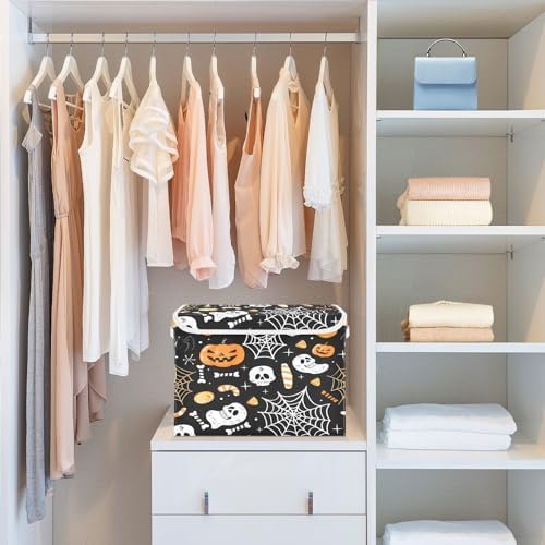 Bolaz Storage Bins with Lids and Handles,Halloween Seamless Pumpkins Spider Web Storage Box Basket with Cover Collapsible Organizer Containers for Home Closet, Shelves - Image 6