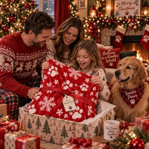 HunnmingRe Christmas Red Paw Flannel Blanket with Snowflakes, 50" x 60" - Image 6