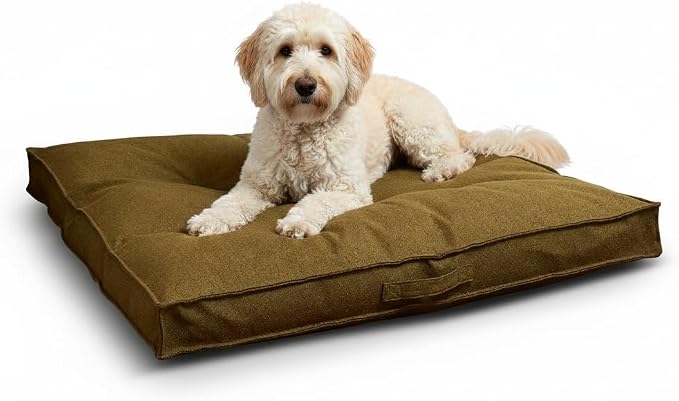 Indoor Dog Bed with Removable Washable Cover, Soft Basketweave Fabric, Reversible Cushion, Carry Handle, Baffle Construction to Help Prevent Fill Shifting, Moss - Large (40"x40")