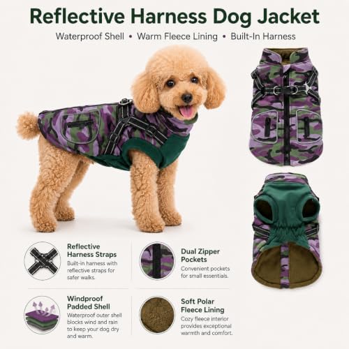 Dog Winter Coat for Large Dogs with Harness, Purple Camo, 2XL - Image 3