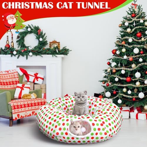 Soulchen Cat Tunnel Christmas Tree Skirt 3ft x 3ft Red and Green Cat Bed - Image 5