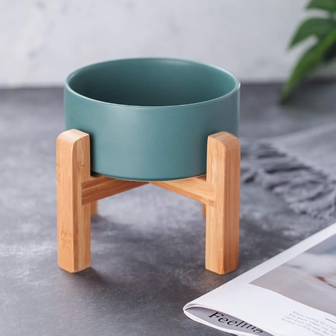Green Ceramic Elevated Raised Cat Bowl with Wood Stand No Spill Pet Food Water Feeder Cats Small Dogs