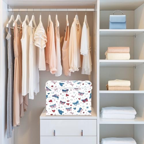 Bolaz Storage Bins with Lids and Handles,Butterfly Flag Stars Pattern Storage Box Basket with Cover Collapsible Organizer Containers for Home Closet, Shelves - Image 6