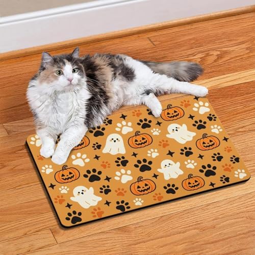 Halloween Dog Food & Water Mat, Orange Pumpkin Ghost Paw Prints Pet Feeding Mat for Floor Non-Slip Waterproof, Super Absorbent Cat Bowl Mat, Easy to Clean Pet Placemat,12" × 20" - Image 6