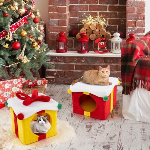 PETSITE Christmas-Themed Gift Box-Shaped Cat House, Stackable 2-Piece Indoor Cat Caves for Kittens, Colorful 2-Story Cat Hideaway Cat Bed for Indoor Cats - Image 3