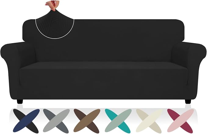 ZNSAYOTX Super Stretch Sofa Cover (72"-92"), New Striped Sofa Covers Fitted Slipcovers with Elastic Bottom, Dog Cat Pets Proof Spandex Washable Fabric Comfortable & Durable (Black, Sofa)