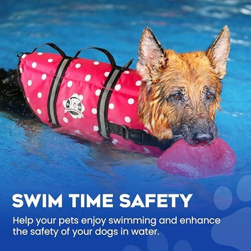 Dog Life Jacket - Swimming Vest for Dogs, Adjustable, Reflective, Comfortable, Multiple Colors, Patterns, XX-Small to Extra Large Dog Swim Vest with Handle (Pink Polka Dot, Large)