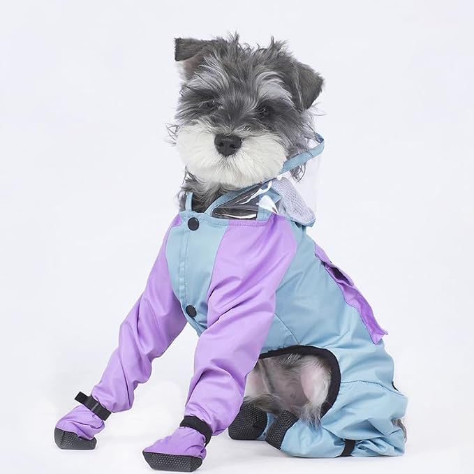 Full Coverage Small Dog Raincoat, 4-Leg Waterproof Jacket with Leash Hole & Backpack, Quick-Dry Pet Rain Gear for Teddy, Bichon, Schnauzer (Blue&Purple, X-Small(Suggest weight1.3-3.3lb))