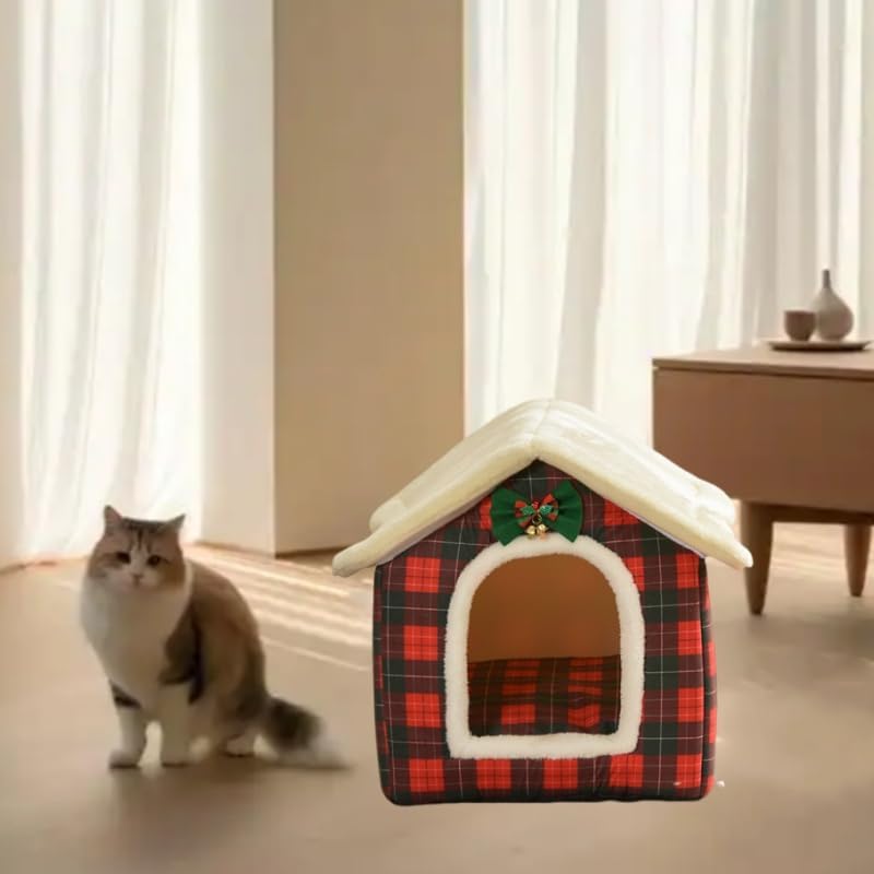 Cat Beds for Indoor Cats, Cute Christmas Plaid Cat Bed Cave - Image 3