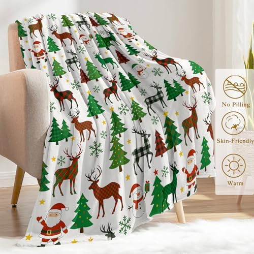 Reindeer Christmas Decorative Throw Blanket, Buffalo Plaid Snowman Tree Print Decoration, Soft Flannel Winter Blankets for Couch Bed Sofa, Holiday Home Decor, Xmas Festival Gifts 50x60 Inch - Image 3