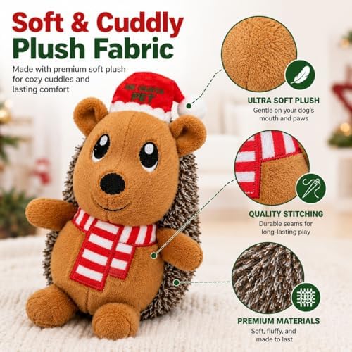 Christmas Hedgehog Squeaky Dog Toy for Small & Medium Dogs, Soft Plush Stuffed Puppy Toy with Built-In Squeaker, Interactive Indoor Play Toy for Gentle Chewers, Machine Washable Holiday Dog Gift - Image 2