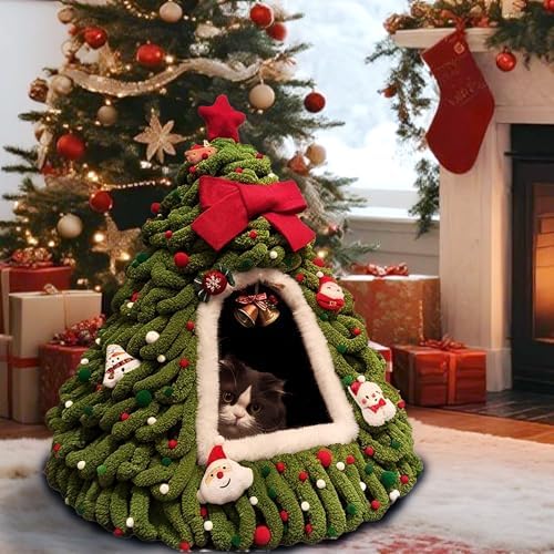 DIY Christmas Tree Cat Bed Set, Christmas Pet Tree House Package, DIY Felt Xmas Cave, Indoor Kittens Felt Nest Cats Hideaway, Teepee Furniture Decorations for Family & Friends (A, Under 12lb) - Image 3