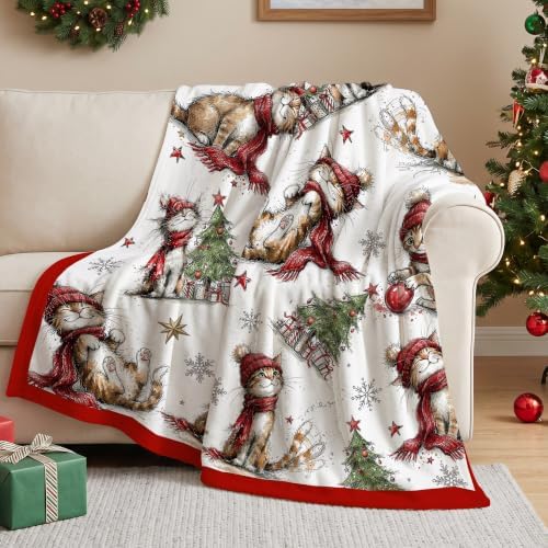 Christmas Fleece Blanket, Red Cat Christmas Trees Throw Blanket - Image 2