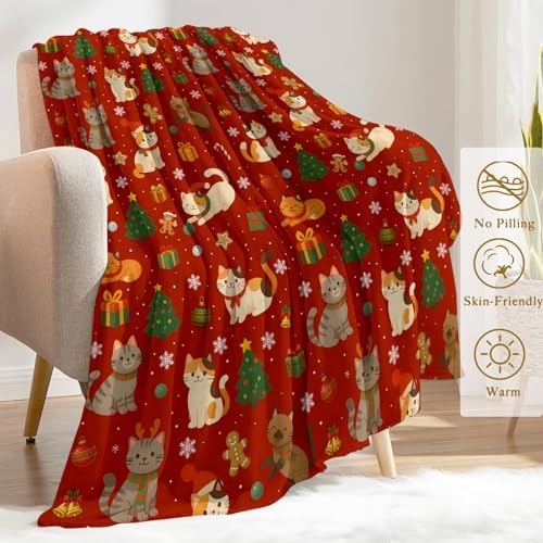 Cat Christmas Decorative Throw Blanket, Kitten Tree Gingerbread Snowflake Print Decoration, Soft Flannel Winter Blankets for Couch Bed Sofa, Holiday Home Decor, Xmas Festival Gifts 40x50 Inch - Image 3