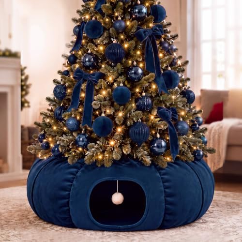 Christmas Tree Cat Tunnel 36 in Donut Bed, Navy Blue, Velvet, Fluffy by SilTriangle