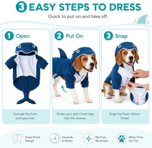 Dog Clothes, Blue Shark Dog Costume, Fleece, Snap Closure,M - Image 6