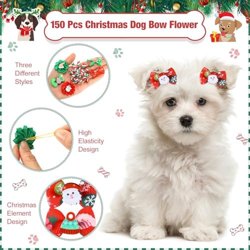 150 Pcs Christmas Dog Hair Bows Puppy Hair Bows Flower with Rubber Bands Bulk Curly Dog Accessories for Xmas Grooming Pet Favor Gift - Image 3