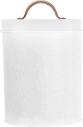 Amici Home Small Dog Treat Container Airtight, 8” Tall x 5.5” Round, White Embossed Puppy Paws Print, Storage Jar Canister for Cats, Small Animals, Gifts for Pet Owners, White