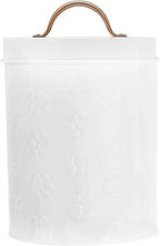 Amici Home Small Dog Treat Container Airtight, 8” Tall x 5.5” Round, White Embossed Puppy Paws Print, Storage Jar Canister for Cats, Small Animals, Gifts for Pet Owners, White