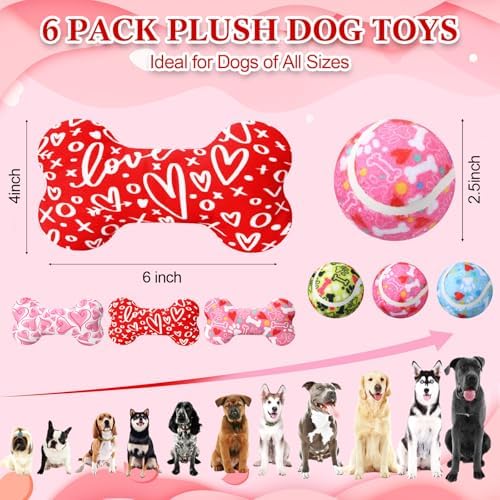 6 Pcs Valentine's Day Dog Toys Puppy Tennis Balls and Dog Squeaky Bone Toys Plush Interactive Pet Toys for Small Medium Large Dog Plush Chew Toys Puppy Training Toss Playing Gift - Image 2