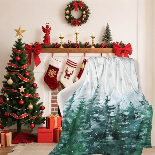 Xmas Blanket Watercolor Pine Tree Forest, Christmas Soft Cozy Flannel Blanket, Winter Snowflake Snowy Lightweight Throw Blanket for Home Party Bed Sofa Couch, 50" x 60" - Image 4