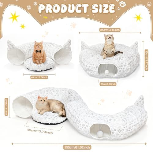 White Plush Cat Tunnel Christmas Tree Skirt with 11 Pcs Interactive Toys - Image 3