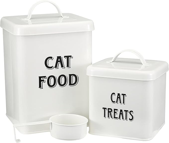 Morezi Farmhouse Cat Food Storage Container with Lid and Scoop, Pet Food Treats Holder, Sturdy Canister Tins for Kitchen Countertop, Shelf, Great Gift for Pet Owners, 5 lbs