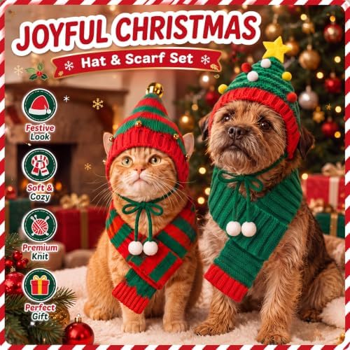 Dansydaisy 8 Pcs Christmas Dog Santa Hat and Scarf Set, Knitted Pet Costume - Image 5